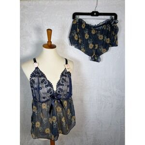 Spree Intimates 2PC Babydoll Set 2X Blue Floral Sequin Lace Mesh Lingerie NEW